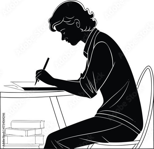 Young person studying and writing at a desk silhouette