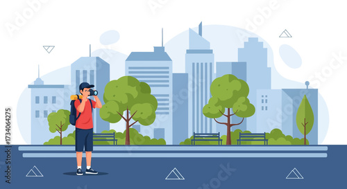 Urban explorer capturing cityscape, a modern illustration of tourism and recreation