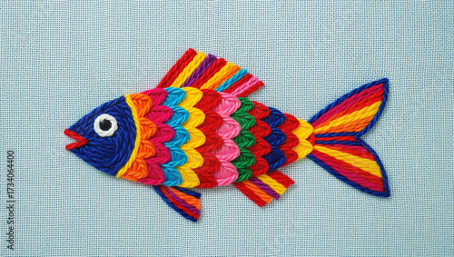 Colorful embroidered fish in naive folk art style on light blue linen background, isolate