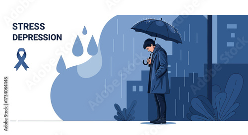 Vector illustration depicting stress and depression with a sad man in the rain representing