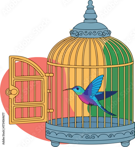 Hummingbird inside an open ornate decorative cage