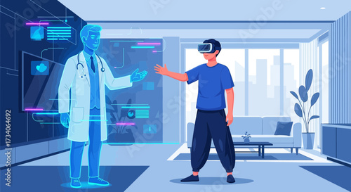 Virtual Healthcare: Man with VR Headset Interacting with Holographic Doctor in Modern Living Room