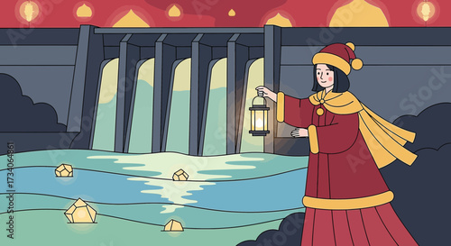 Whimsical Water Festival Scene with Figure Holding Lantern Near a Hydroelectric Dam