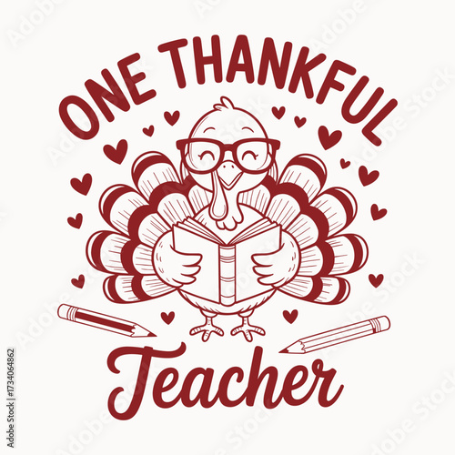 thanksgiving teacher turkey illustration with cute cartoon bird wearing glasses holding book surrounded by hearts pencils and festive design perfect for teacher appreciation gifts fall holiday t shirt
