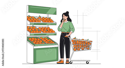 Woman chooses oranges at supermarket fresh produce section illustration design