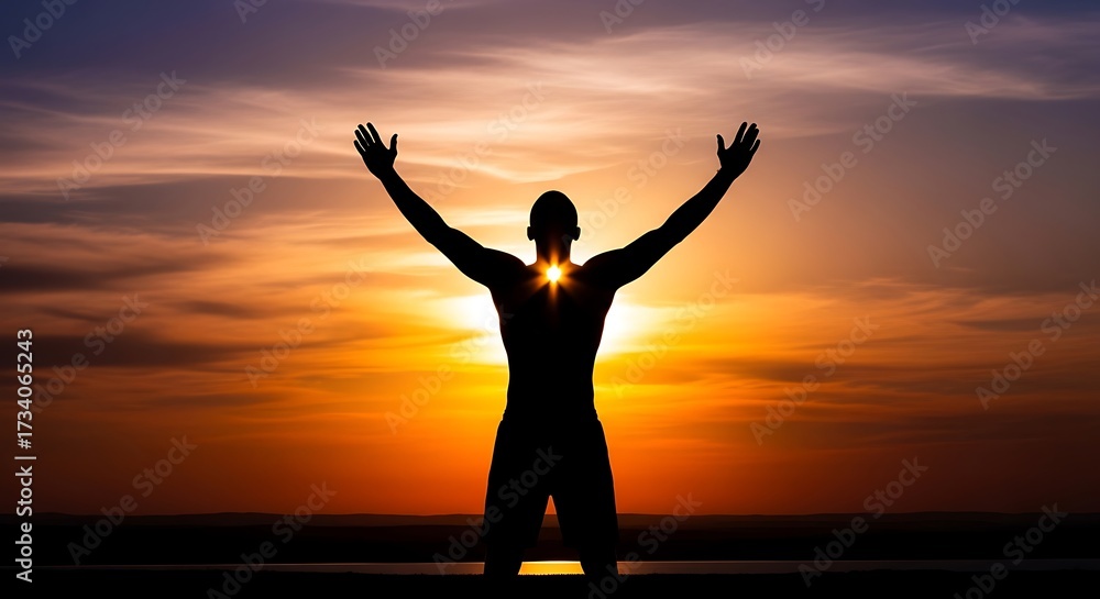 Fototapeta premium Silhouette of a Man Reaching for the Sky at Sunset.