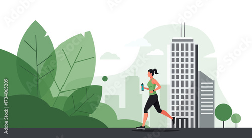 Woman jogging in the city park with skyscrapers and green foliage in the background promoting