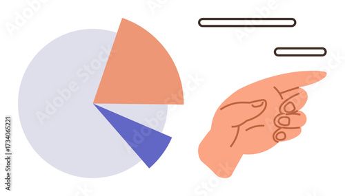 Hand gesturing toward a colorful pie chart with three distinct sections and two horizontal bars. Ideal for data analysis, statistics, business trends, presentations, infographics, decision-making