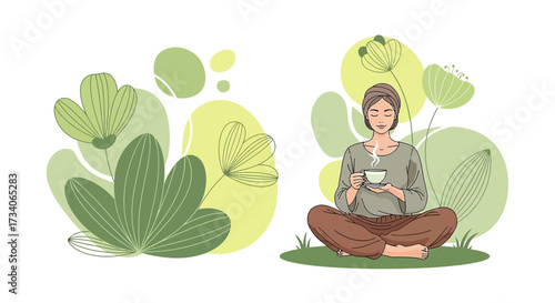 Woman meditating with a cup of tea surrounded by nature a peaceful and calming illustration