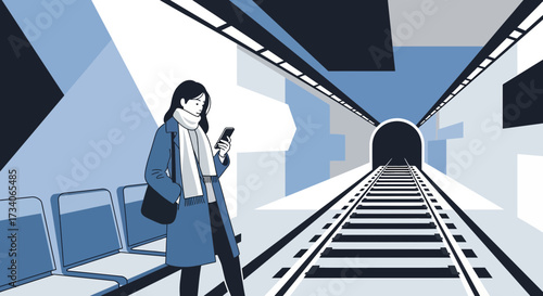 Woman using her smartphone while waiting at a subway station platform in a cold day