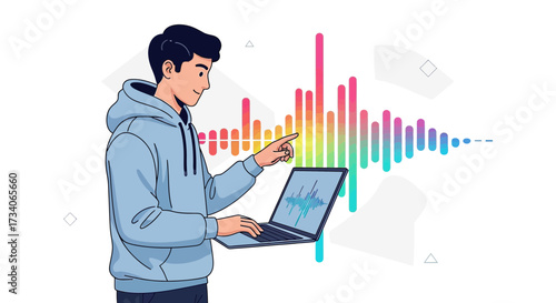 Young man working on audio editing software on laptop displaying vibrant waveforms illustration