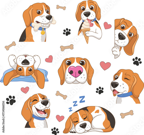 Cartoon vector beagle dog stickers paws, hearts and bones, cute children stickerpack
