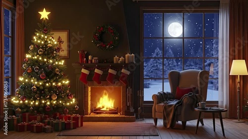 A festive living room with a decorated tree a lit fireplace and a window showing a snowy moonlit night