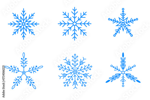 Vector illustration Variety of blue snowflake designs on a white background showcasing winter beauty and creativity