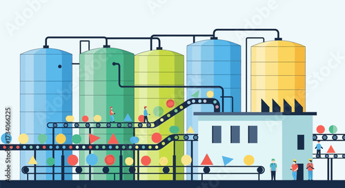 Industrial facility with colorful storage tanks and conveyor belts.