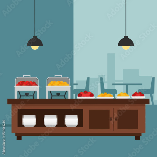 Buffet serving dishes with food on a table.