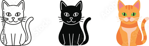 Collection of three cute cat art styles featuring sketch outline silhouette and colorful rendered feline characters sitting posed for adoption or playful moments vector