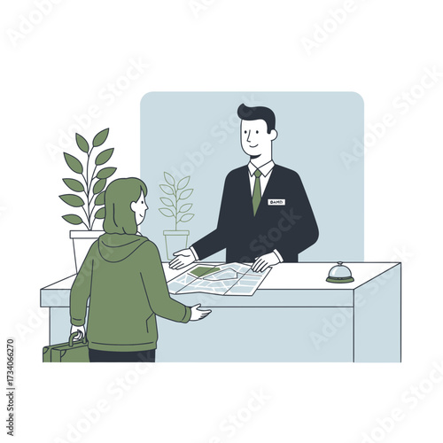 Person at a counter receiving service from a uniformed attendant.