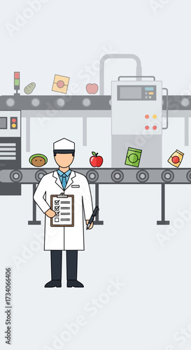 Scientist inspects food production line with conveyor belts and products.