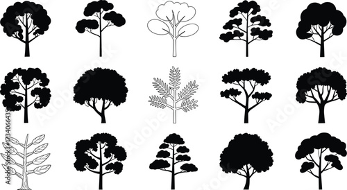 Black Silhouette Vector Set of Musical Instruments and Notes Featuring Brass, Woodwind, String, Percussion, and Treble Clef Symbols
