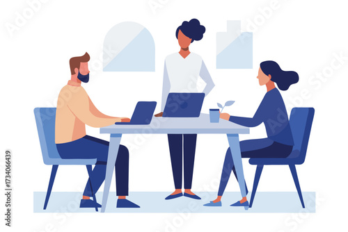 Diverse team collaborating on project isolated on white background brainstorming session with laptops and plant on table