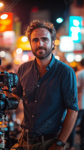 This male filmmaker stands with his professional video camera at night, capturing urban scenes with colorful bokeh lights.