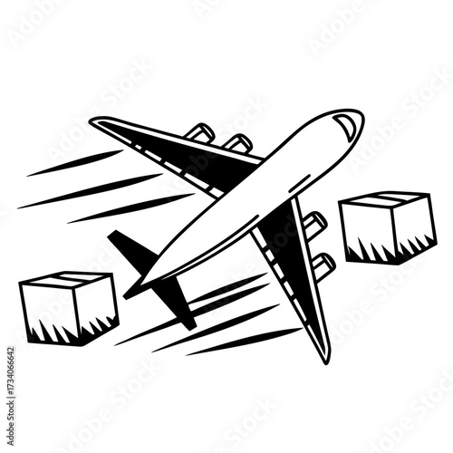 Simple black and white illustration of an airplane quickly delivering goods between two shipping boxes