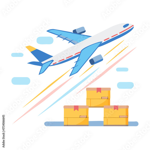 Bright flat vector illustration of a passenger jet airplane taking off over stacked delivery boxes, symbolizing fast air cargo service