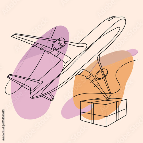 Continuous line art illustration of an airplane taking off over a delivery box with abstract colorful shapes in the background, symbolizing air logistics