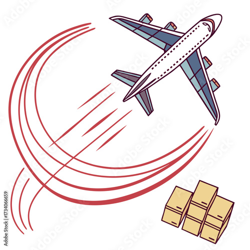 Stylized illustration of a commercial airplane flying along a fast arc over partially transparent shipping boxes, representing quick global delivery.