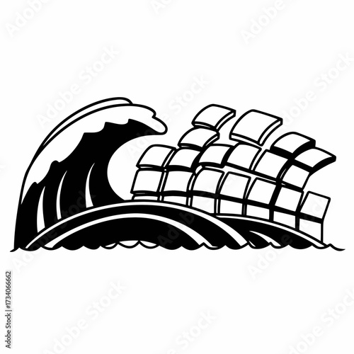 Stylized black and white illustration of a large container ship sailing on a powerful ocean wave, representing global sea freight logistics