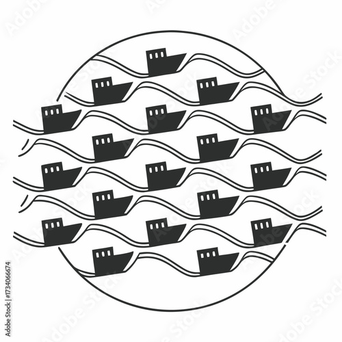 Black and white pattern illustration of a fleet of cargo ships sailing on the waves, contained within a circular frame, symbolizing trade flow