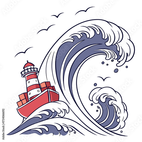 Dramatic illustration of a sturdy lighthouse standing firm against a towering ocean wave with seagulls flying above.