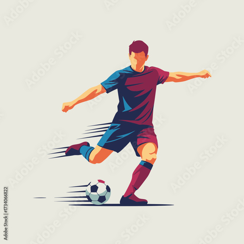 Man kicking a soccer ball on a plain background.