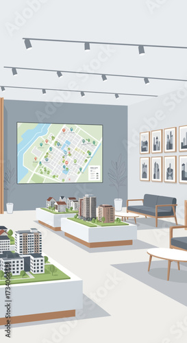 Modern showroom displays architectural models and digital projections.