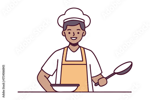 A cheerful male chef in uniform stirring ingredients in a bowl isolated on white background, showcasing culinary expertise and passion