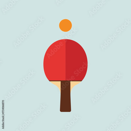 Red ping pong paddle and orange ball on light blue background.