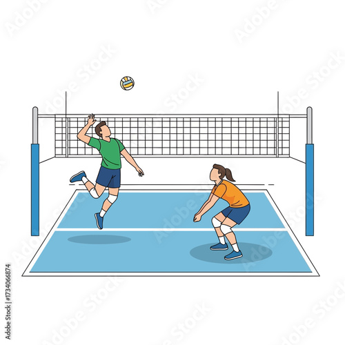 Two people playing volleyball on a court with a net.