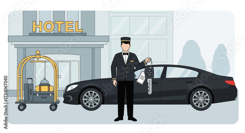 Bellhop opens car door at hotel entrance with luggage cart.