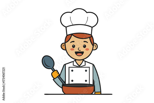 A happy male chef in uniform stirring ingredients in a bowl isolated on white background, showcasing culinary skills and passion for cooking