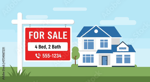 House for sale with sign in grassy yard under blue sky.