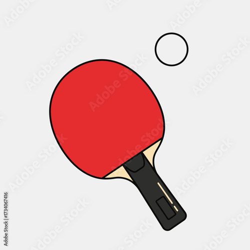 Red ping pong paddle with ball in motion.