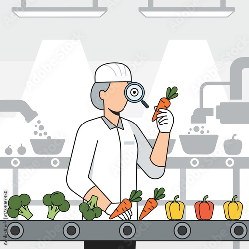 Food processing worker inspects vegetables on a conveyor belt.
