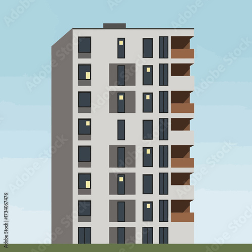 Modern apartment building with balconies against a light sky.