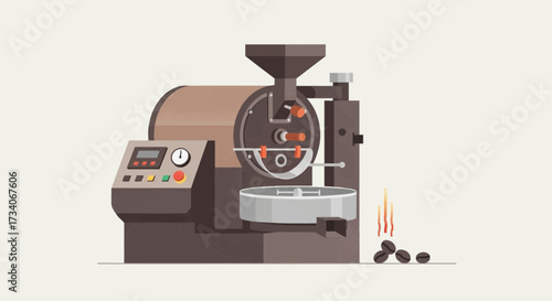 Coffee roasting machine with beans and steam illustration.