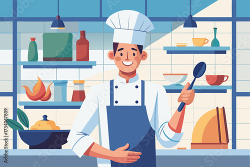 Cheerful chef in uniform with spoon in kitchen, showcasing culinary expertise and inviting atmosphere, isolated on white background