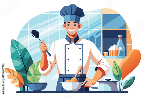 Smiling chef in kitchen with spoon and ingredients, creating culinary masterpiece with passion and skill, isolated on white background