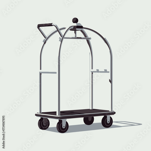 Metal luggage cart with wheels on a plain background.