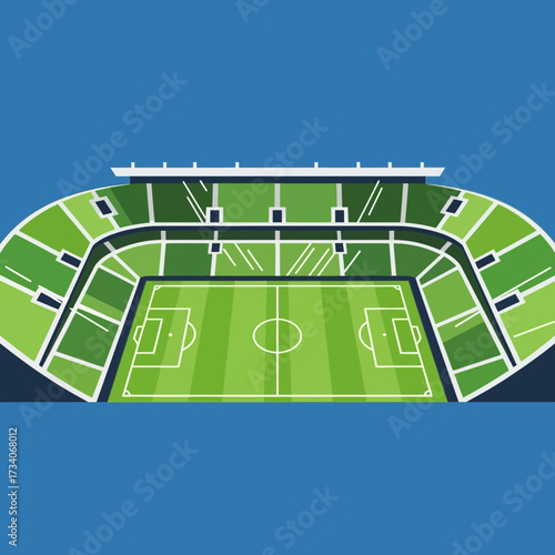 Green stadium with soccer field under blue sky