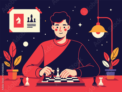 A man playing chess at night with a lamp and plants, strategizing his next move in a focused and calm environment at home